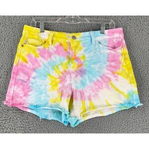 Judy Blue Denim Shorts Womens Size 7 Multi Color Tie Dye Raw Hem High Rise